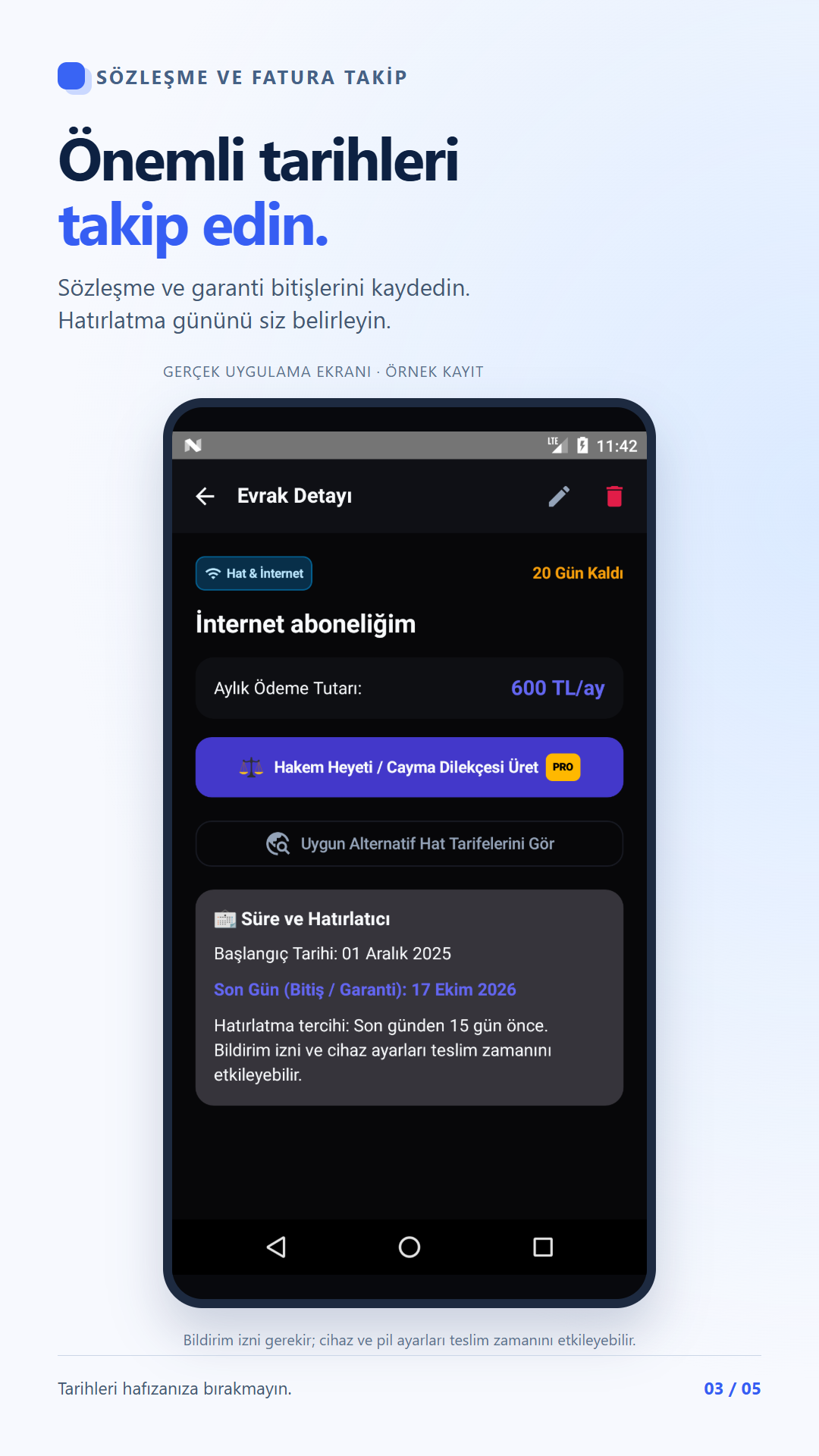 Örnek internet aboneliği kaydının bitiş tarihi ve hatırlatma ayarları